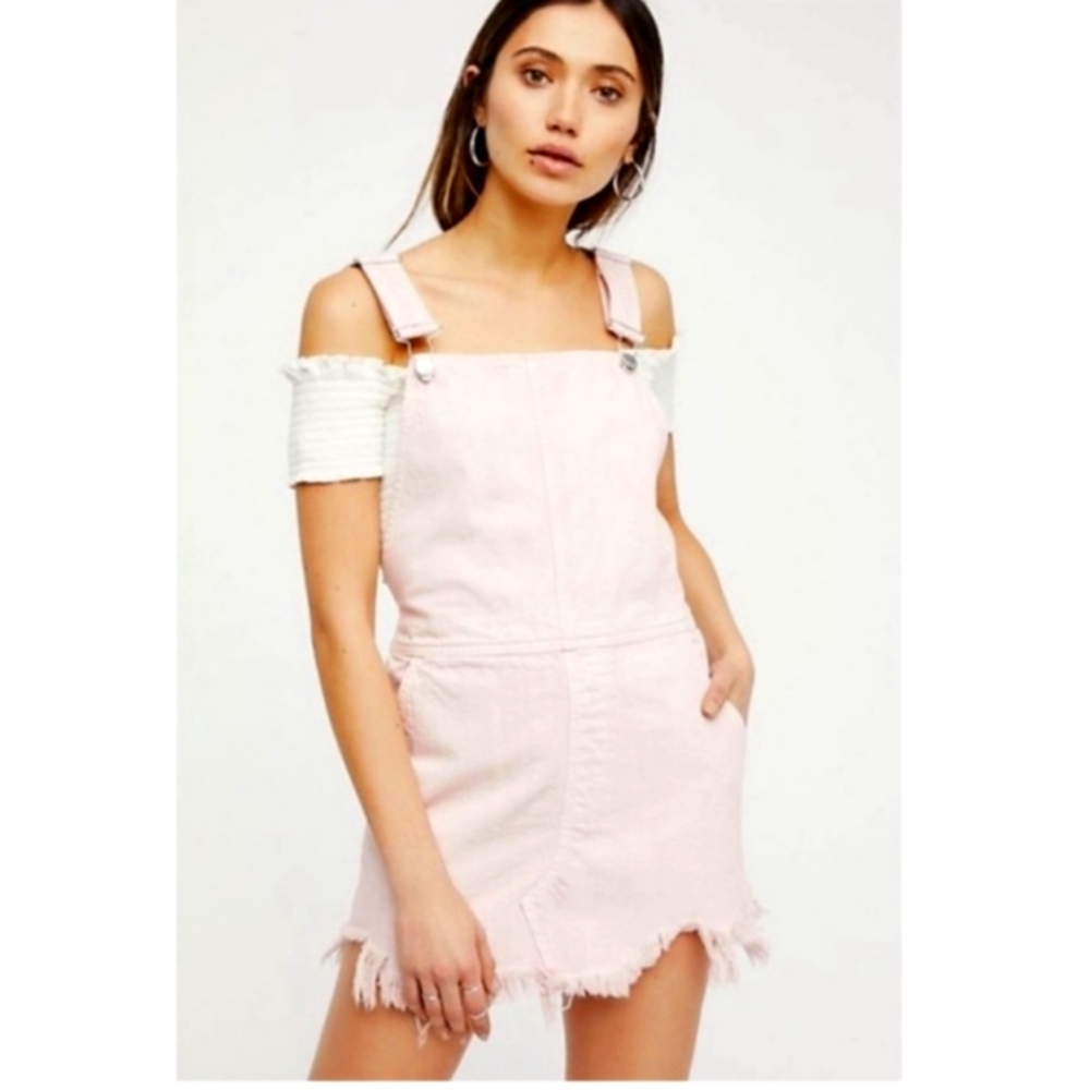 Free People Overalls jean skirt pink denim Women's size 0 xs Raw Hem